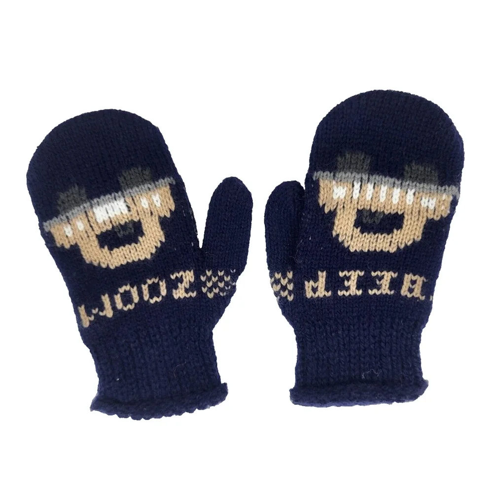 Vintage 80s Boys Knit Mittens Navy Blue Race Car Beep Zoom SIze Small YK